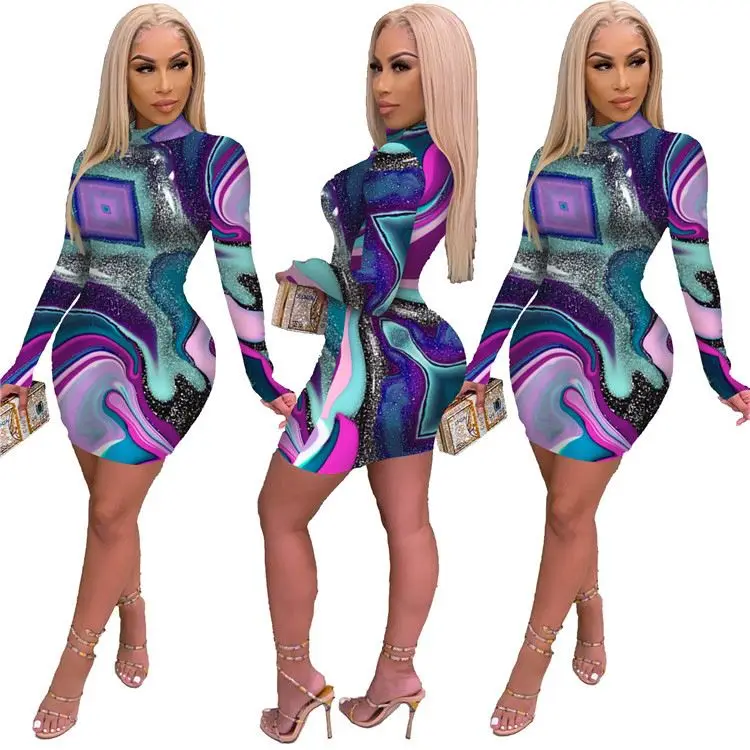 

Lowest Price Long Sleeves Round Collar Fall Women Clothing 2021 Tie Dye Sequin Bodycon Dresses Women Club Dress