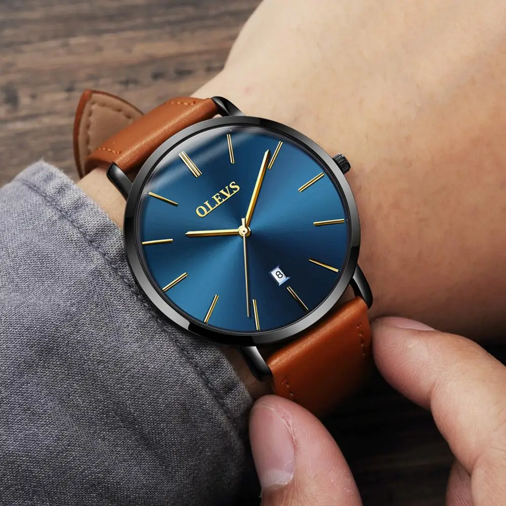 OLEVS Brand College style Wristwatch Fashion Boy's Ultra-thin Waterproof Leather Watch For Men's Also Support Customization