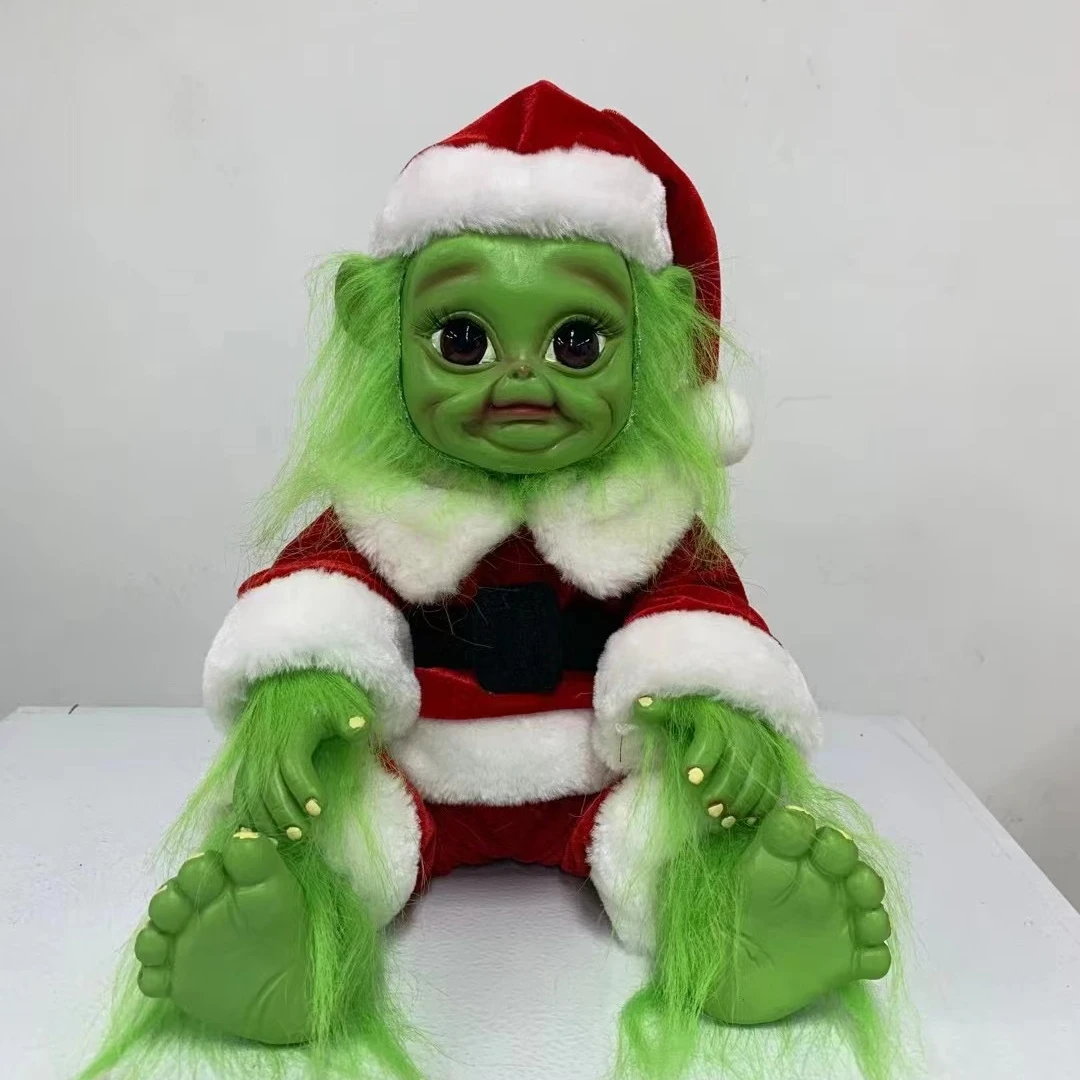 Grinch Doll Hairy Grinch Baby with Removable Santa Costume Christmas Stuffed Plush Toy Handmade Lifelike Realistic Cartoon Doll Christmas Furry Cute Doll Toy Home Decorations Xmas Gifts for Kids A 