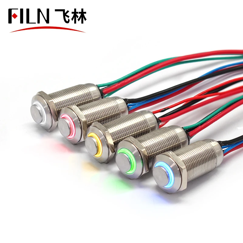 FILN hot sale metal 12MM waterproof electrical push button switch latching red led light with cable