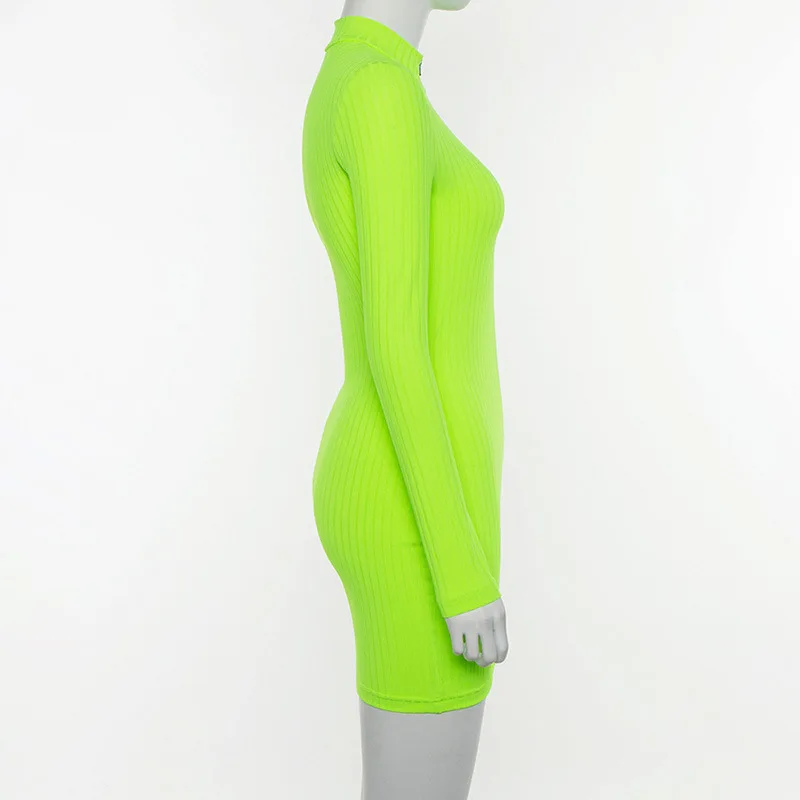 Guangzhou new arrival fall autumn season women turtleneck neon green  bodycon dress