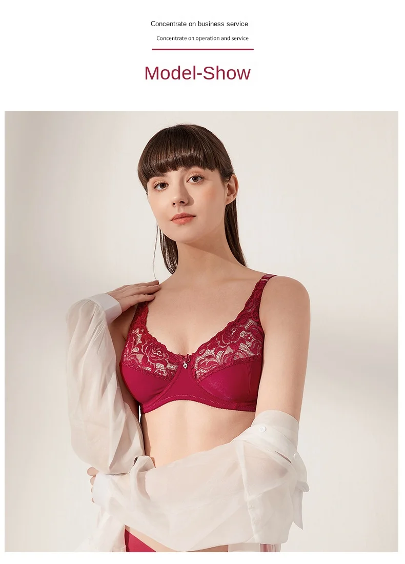 Ultra-Thin Large Size Steel Ring Bra Sexy Lace Lingerie with Adjustable Gathered Cups Breathable Feature for Foreign Trade