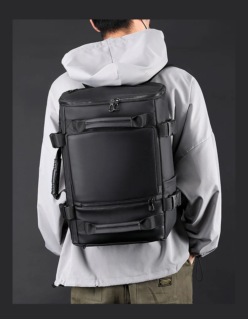 Men's Large Capacity Waterproof GPS Backpack Multifunctional PU Laptop Bag Zipper Handheld Business Travel Crossbody Polyester