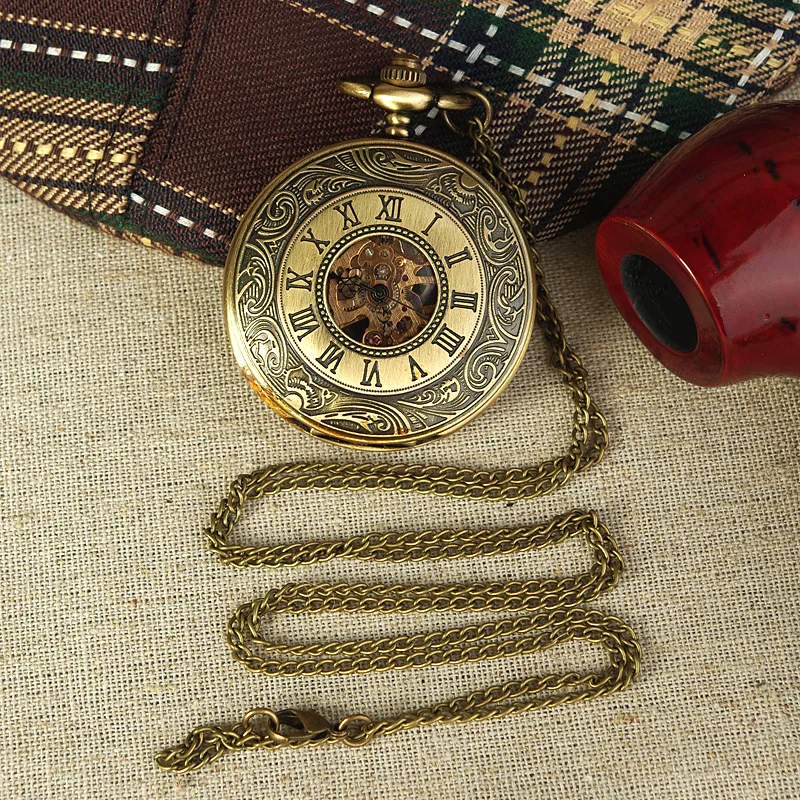 High Quality Pocket Watch Wholesale Large Hollow Gold Faced Big Roman Double Flip Flip Chain