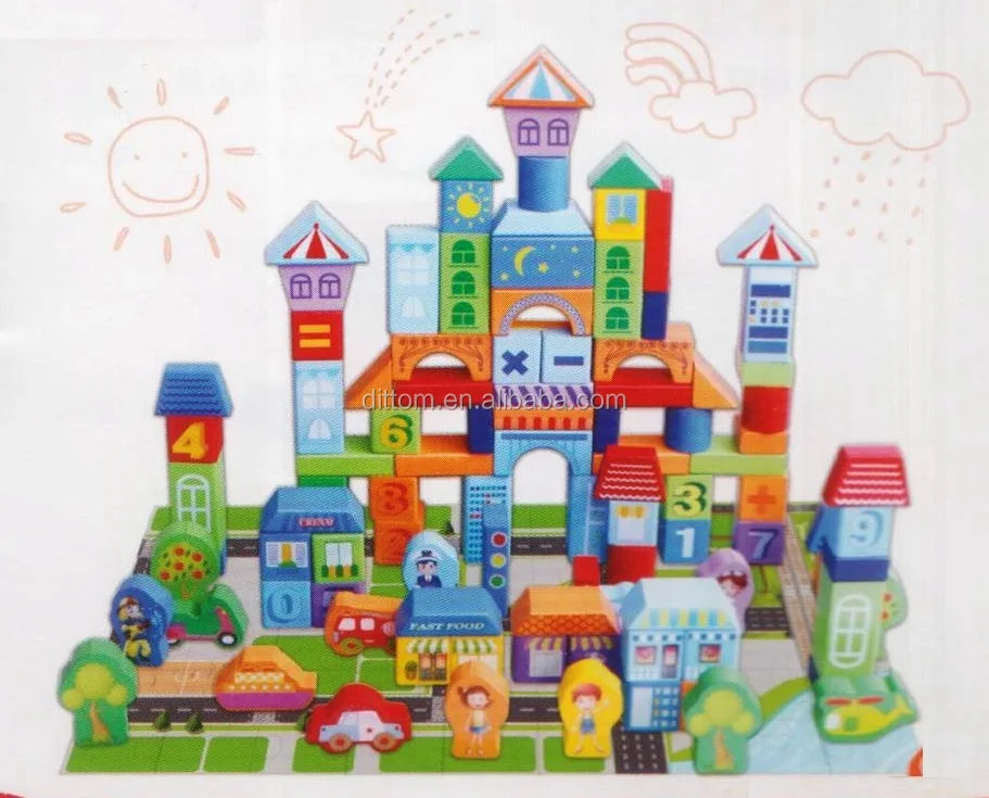 100pc Wooden Smart Town Blocks toys DIY Farm Animal Xylary Blocks toys for kids