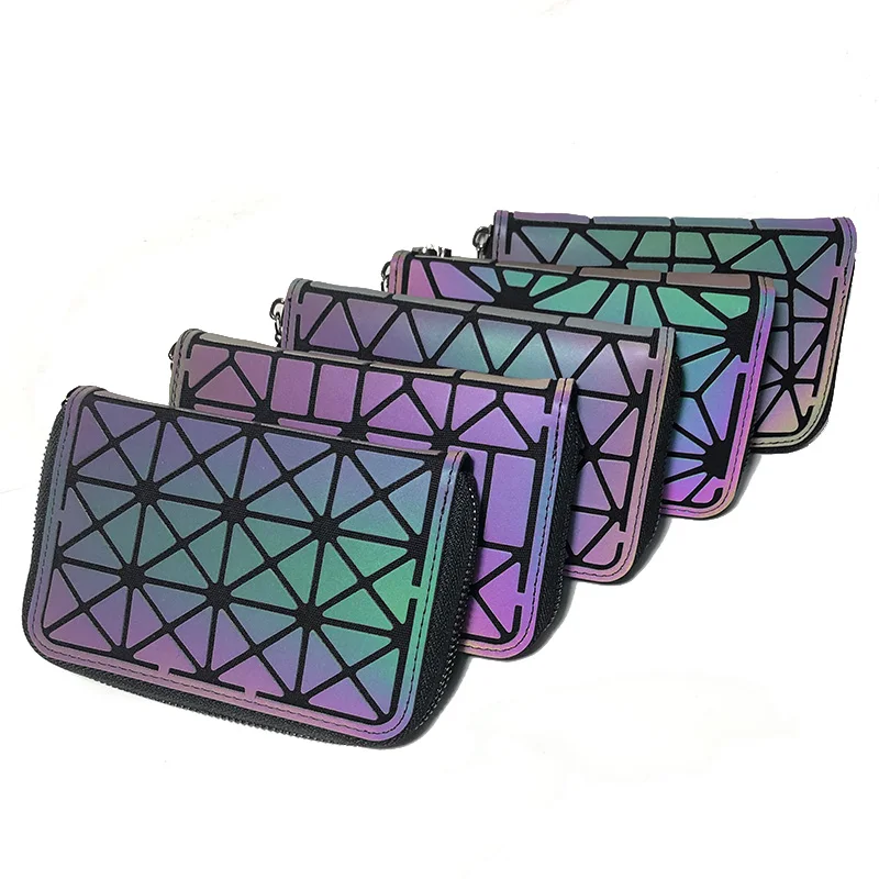 CAFINY Geometric Luminous Wallet for Women Holographic Reflective Clutch  Purse with 3 Folds and Snap Button