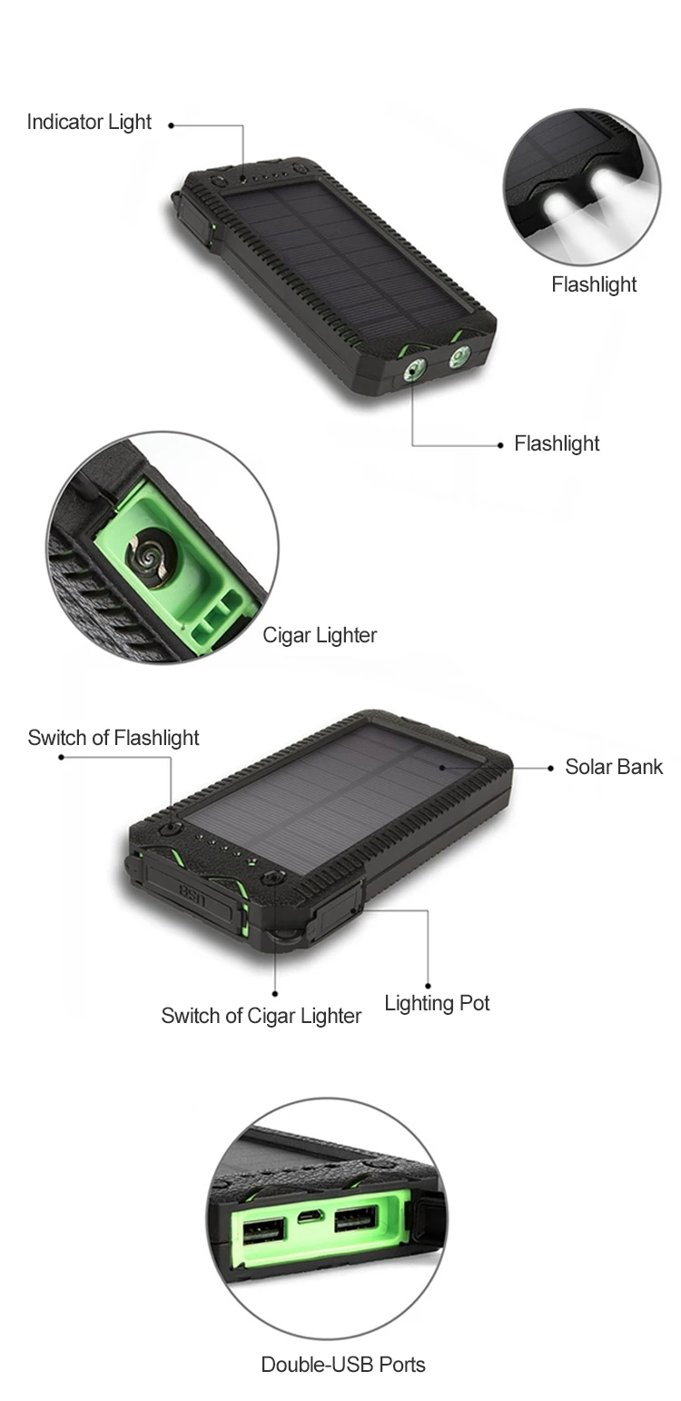 Cigarette Lighter Waterproof 10000mAh Solar Power Bank - ANKUX.COM