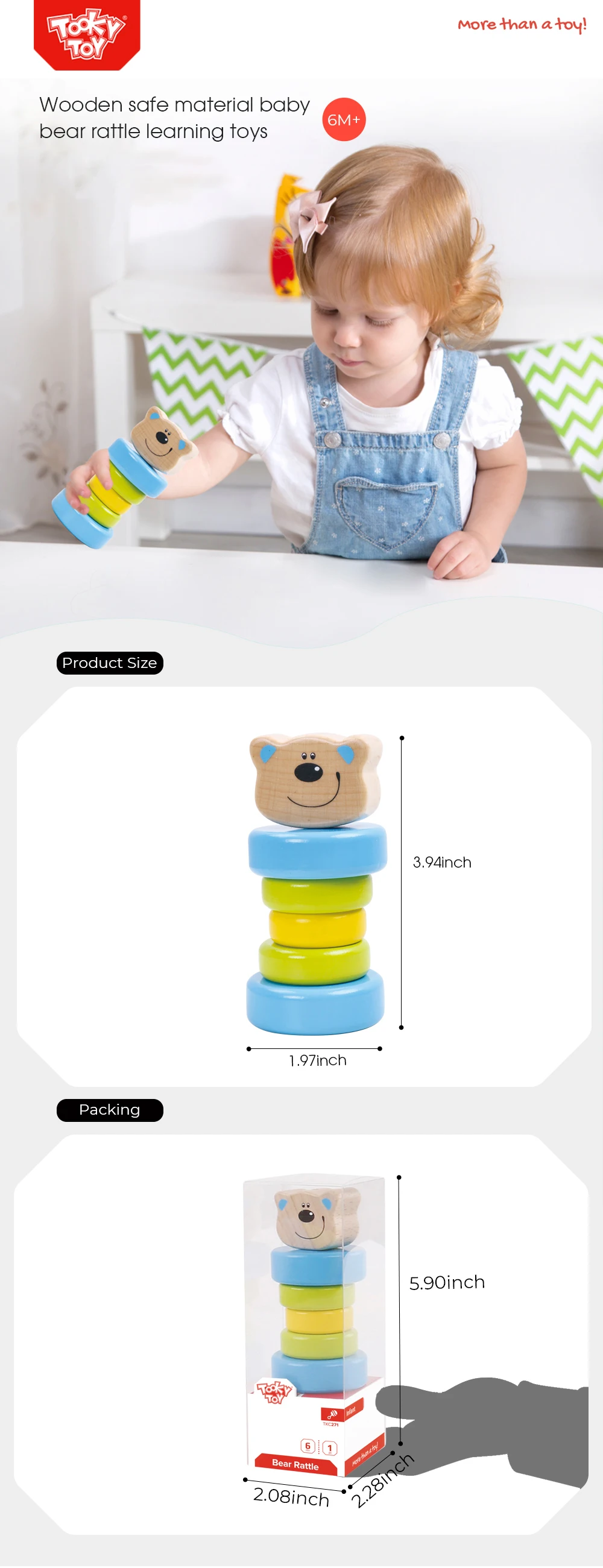 Wooden safe material baby bear rattle learning toys