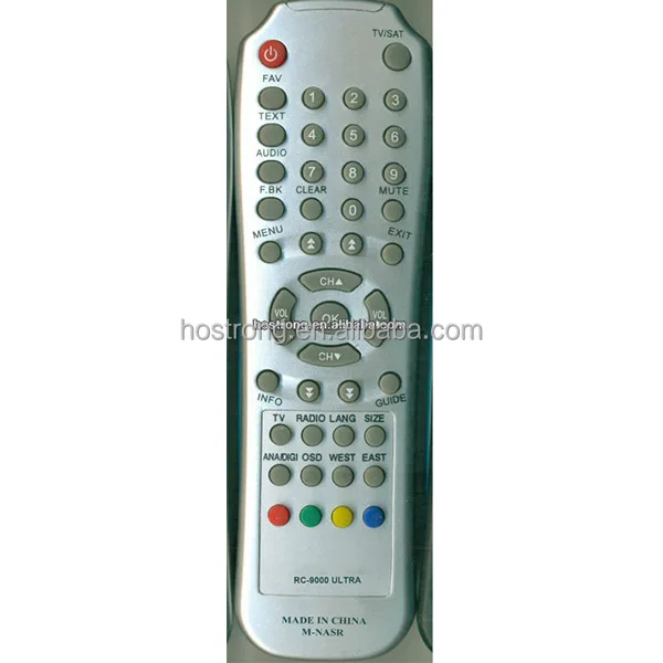 Technosat TS-9000 remote control front view showing numeric keypad, channel up/down, and satellite-specific buttons