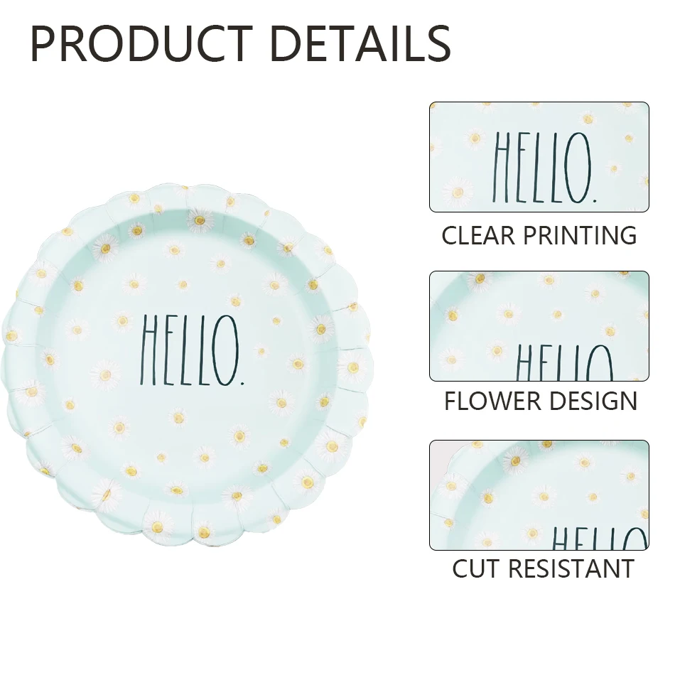 LR 10.5Inch Sky Blue Daisy Flower Printed Disposable Dinner Paper Plates 16PCS Made China Wedding Valentine's Day Party factory