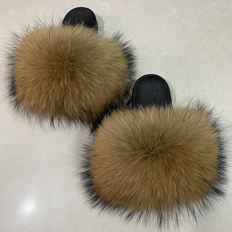 
Quality Raccoon Fur Soft Sandals Wholesale Women Slippers Natural Color Fur Slides 