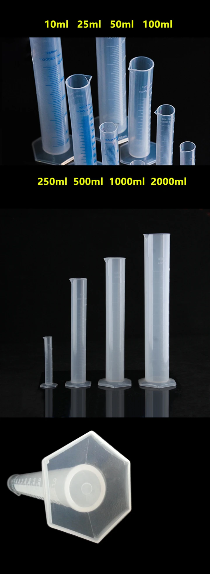 10ml 25ml 50ml 100ml 250ml 1000ml 2000ml sizes graduated plastic uses function measuring cylinder