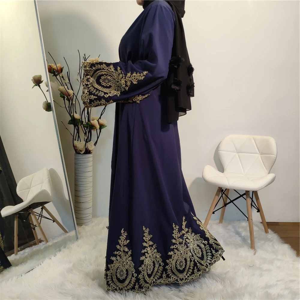 1495# Hot Selling Modest Navy Blue Abaya With Stunning Gold Lace Edging ...