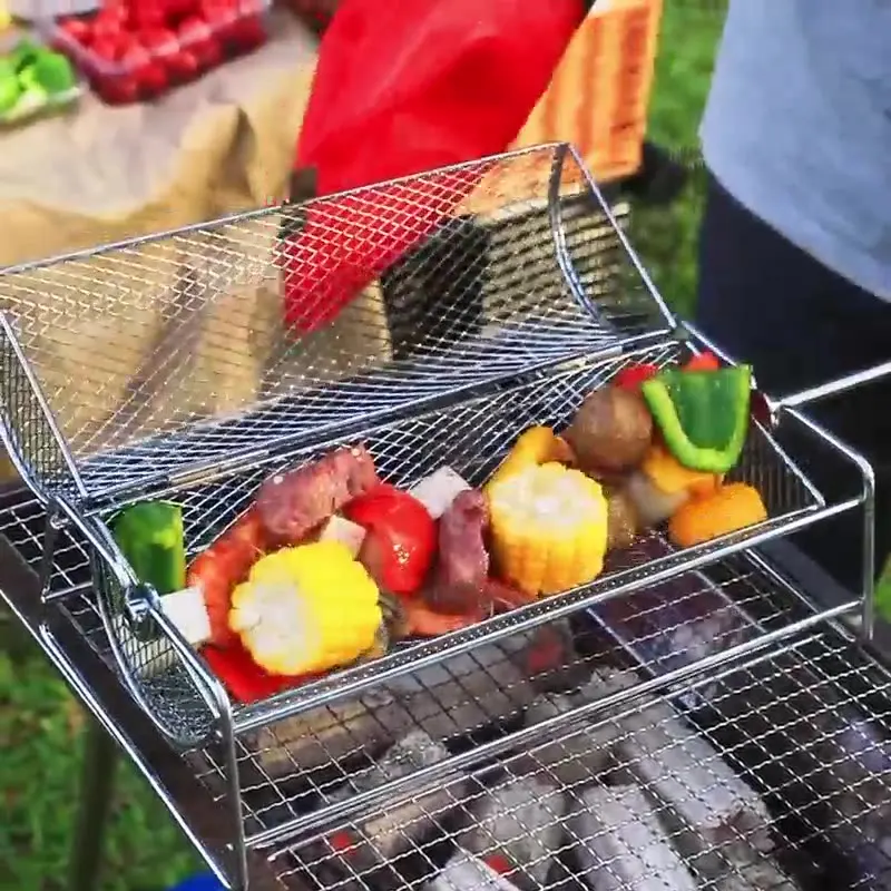 Factory Direct Sales Stainless Steel Round Rolling Grill Basket Multi-Function Reusable Portable Durable Cross-Border BBQ Tool manufacture