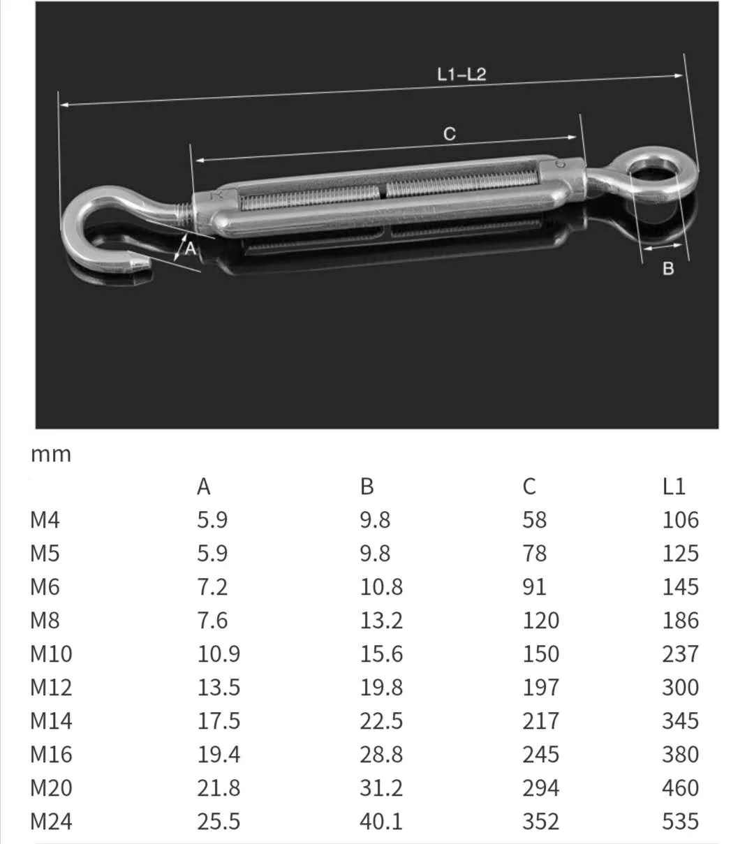 M4 M5 M6 M8 M10 M12 M14 M16 M20 M24 Hook & Eye Turnbuckle Wire Rope