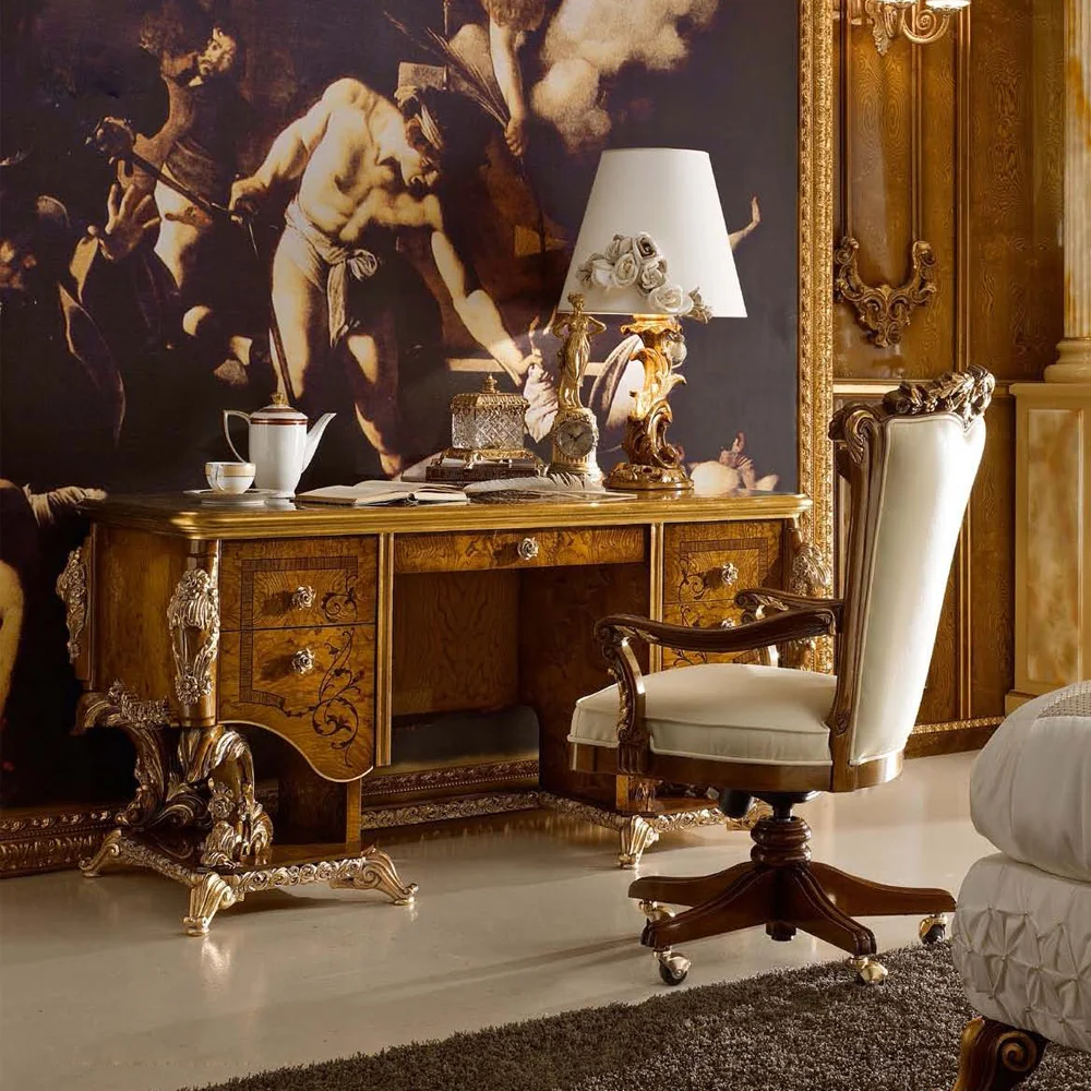 French Office Furniture Luxury Solid Wood Carved Office Desk And Chair