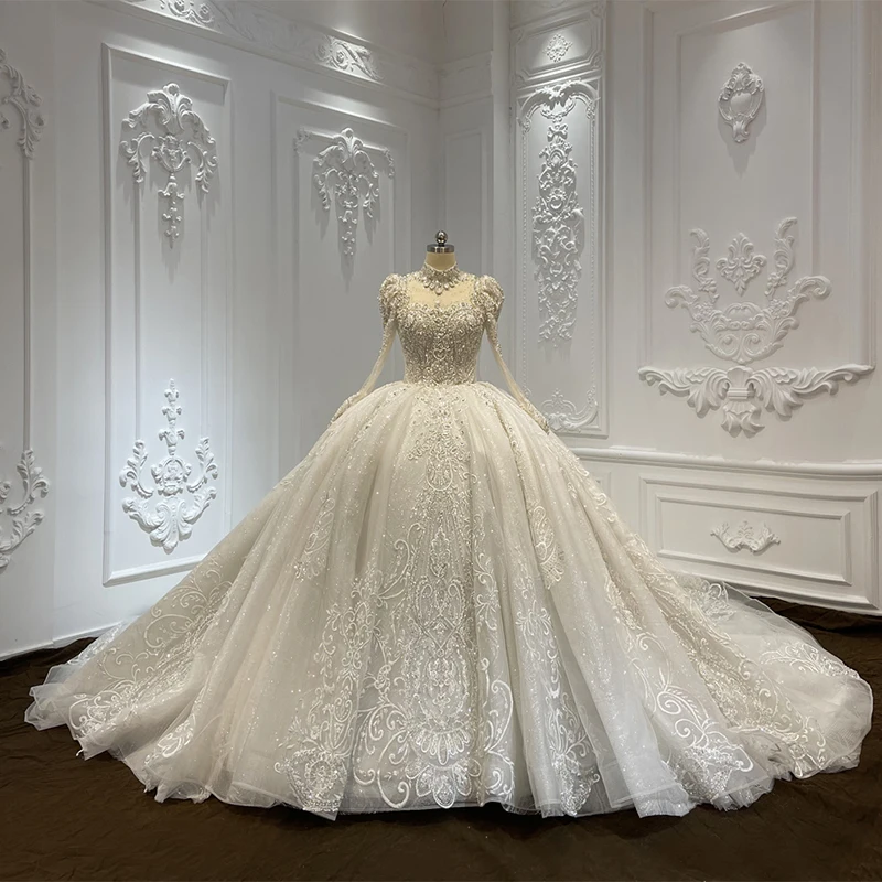 Luxury Princess Long Sleeve Cathedral Royal Train Crystal High Quality Bridal Gown Wedding Dress LSCJ05