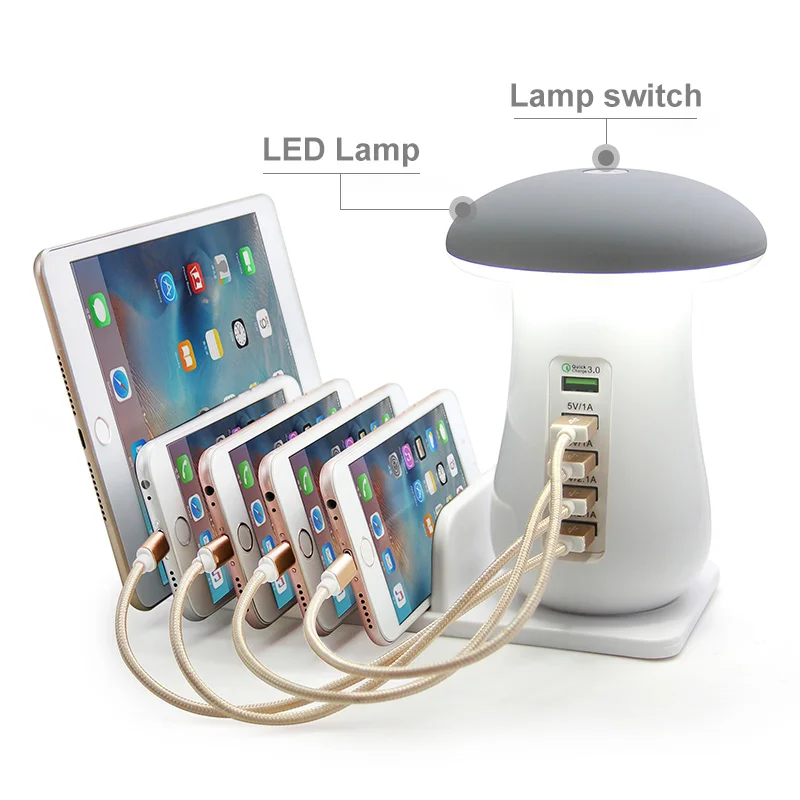 5 ports usb mobile charger with QC3.0 mushroom LED desk lamp