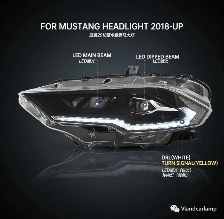VLAND factory for 2018-UP Mustang Modified Head light with DRL will run dynamic mode once time when it was turned on