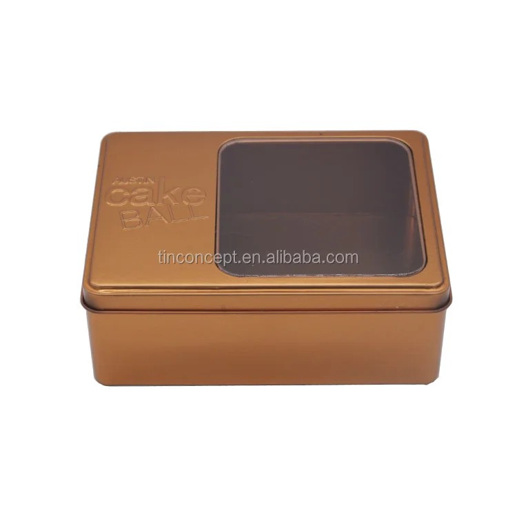 Modern Design Gold Hinged Lid Tin Box Window For Cake Ball