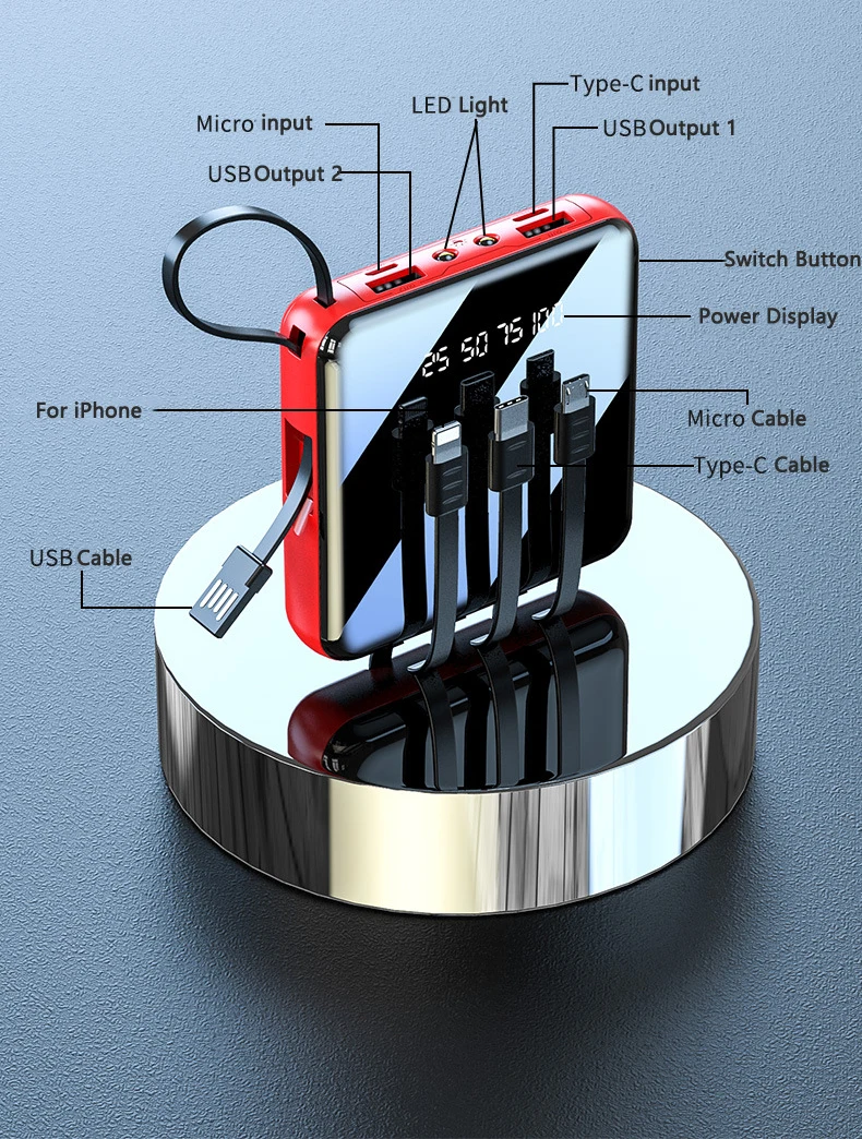 20000mAh Power Bank External Battery Charger Mini Powerbank Built in Cable For Huawei Xiaomi iPhone 11 Samsung S10 S20 Poverbank - ANKUX.COM