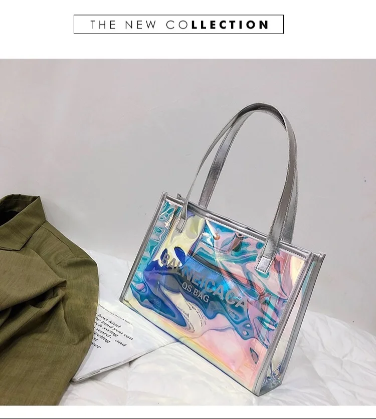 Hot Selling Fashion Cheap Holographic Transparent PVC Shopping Bag Stylish  College Designer Clear Tote Bags - China Paper Bag and Packaging price