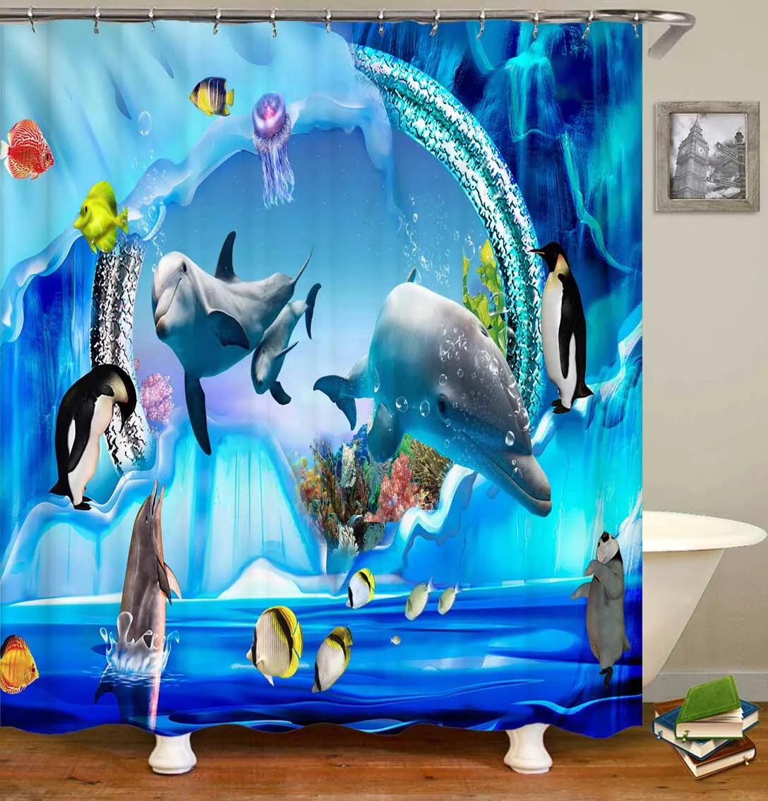 2020 New Style Polyester Tropical Blue Bathroom Shower Curtain