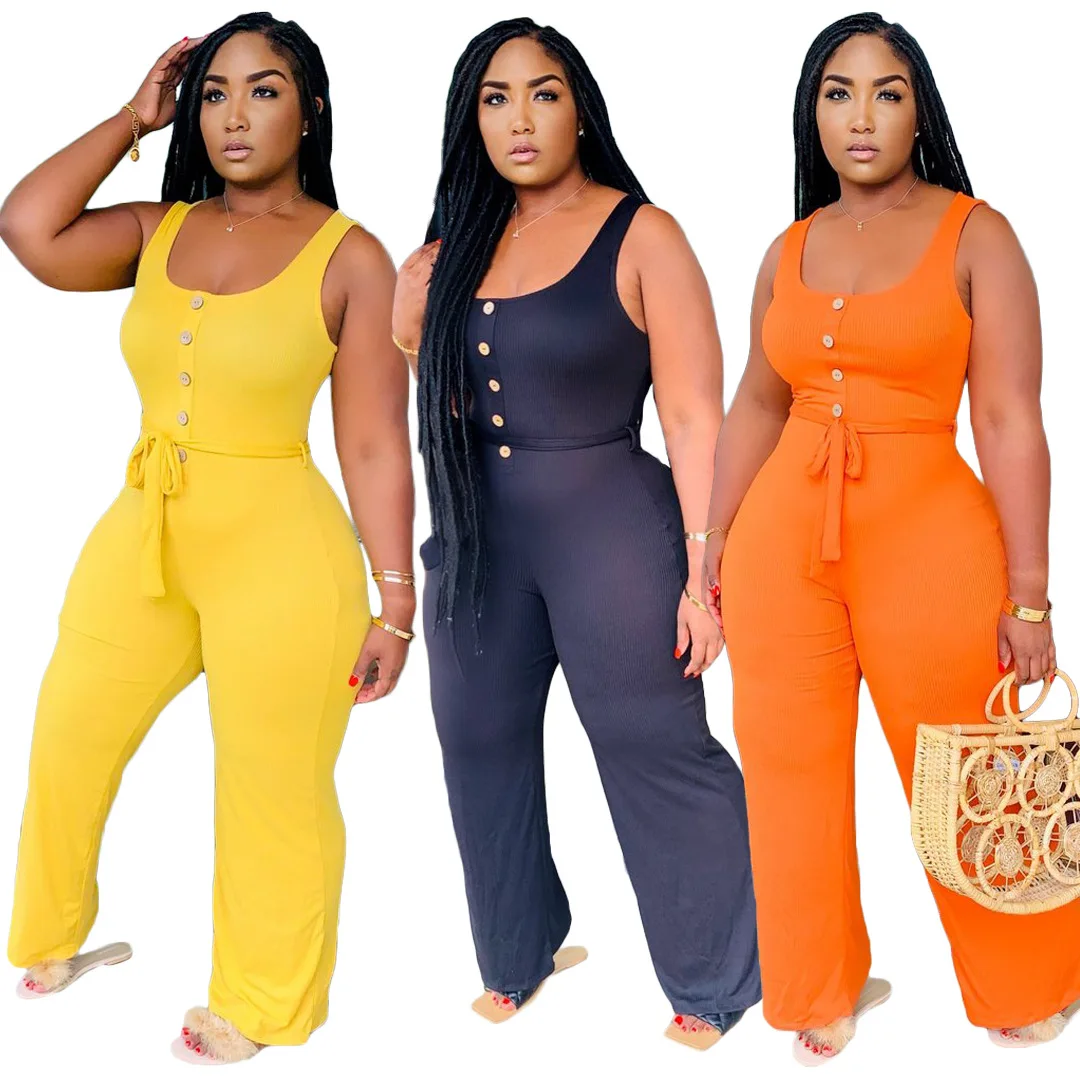 

New 2020 Casual sleeveless wide-leg jumpsuit plus size o-neck summer jumpsuit for women plus size clothing, Navy orange black yellow