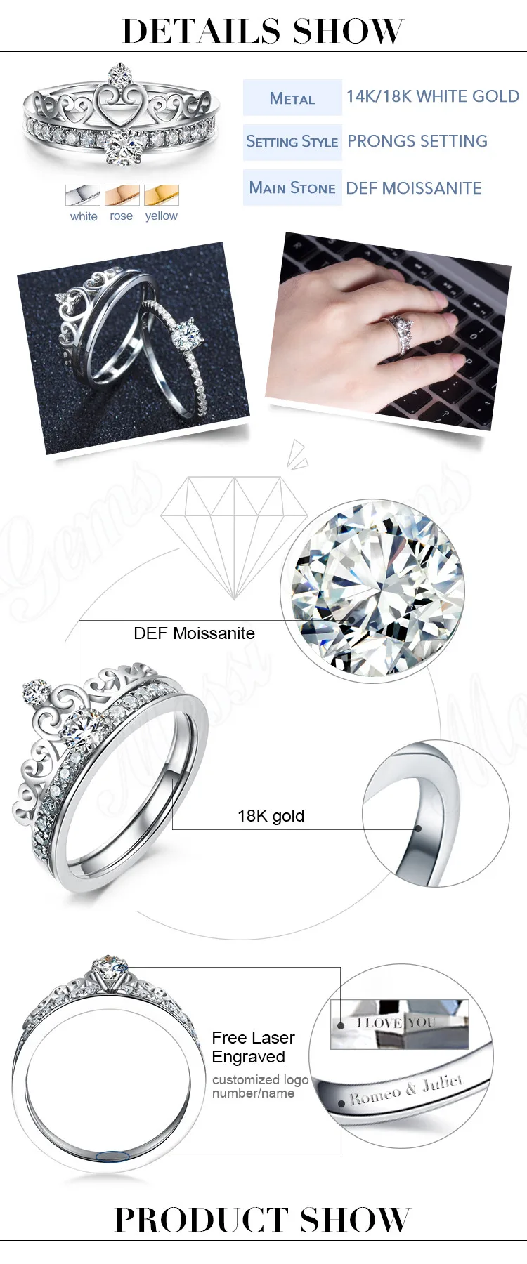Free Shipping Highend 18k White Gold Jewelry 6.5mm Moissanite Two In One Moissanite Crown