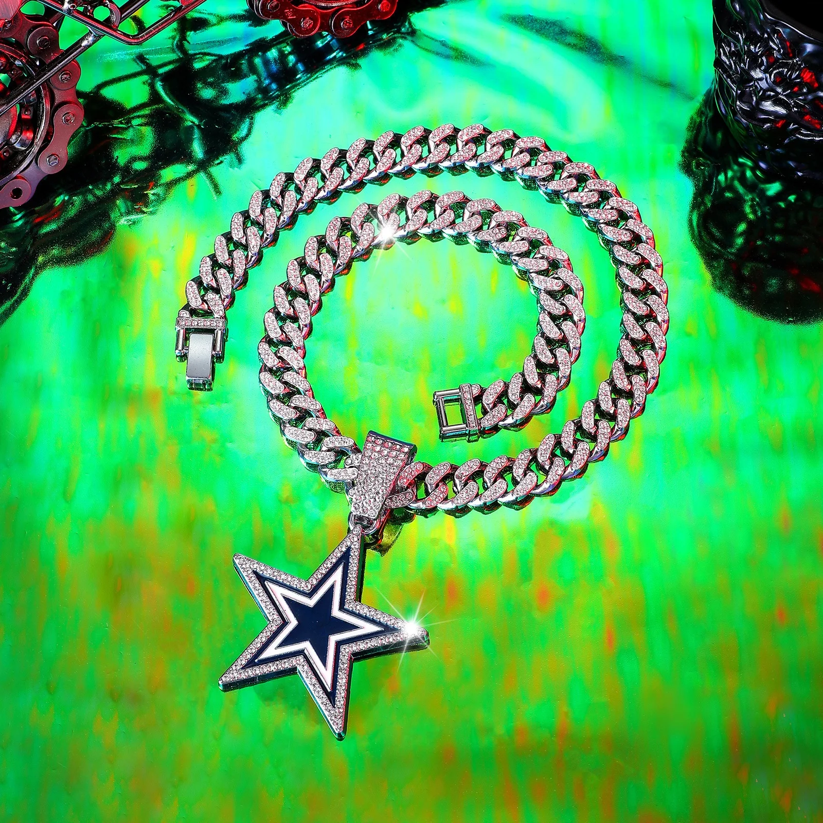 product european american style full diamond blue five pointed star pendant necklace fashionable hip hop design for men women for gift-4