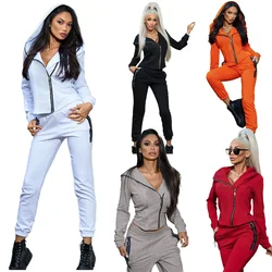 2022 New Arrivals Fashion Women Casual Hooded Irregular Zipper Jacket Pockets Long Pants Solid 2 Piece Set Tracksuit