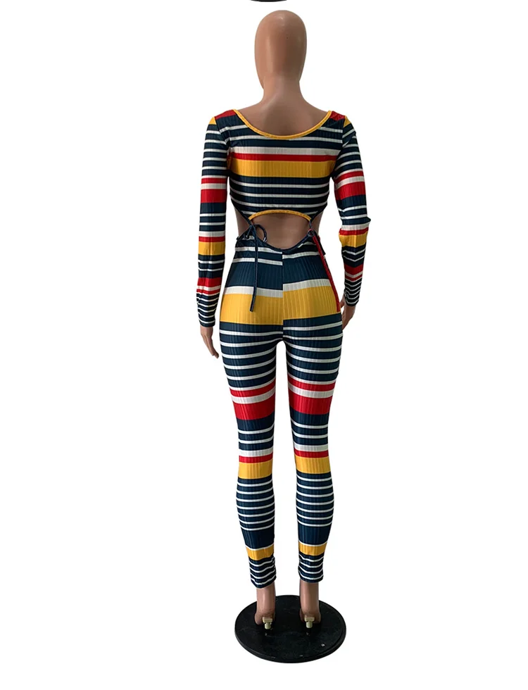 Fashion 2 PCS Outfits Tracksuit Rib Colorful Striped Cutout  Long Sleeve Fall Women Clothing Two Piece Set