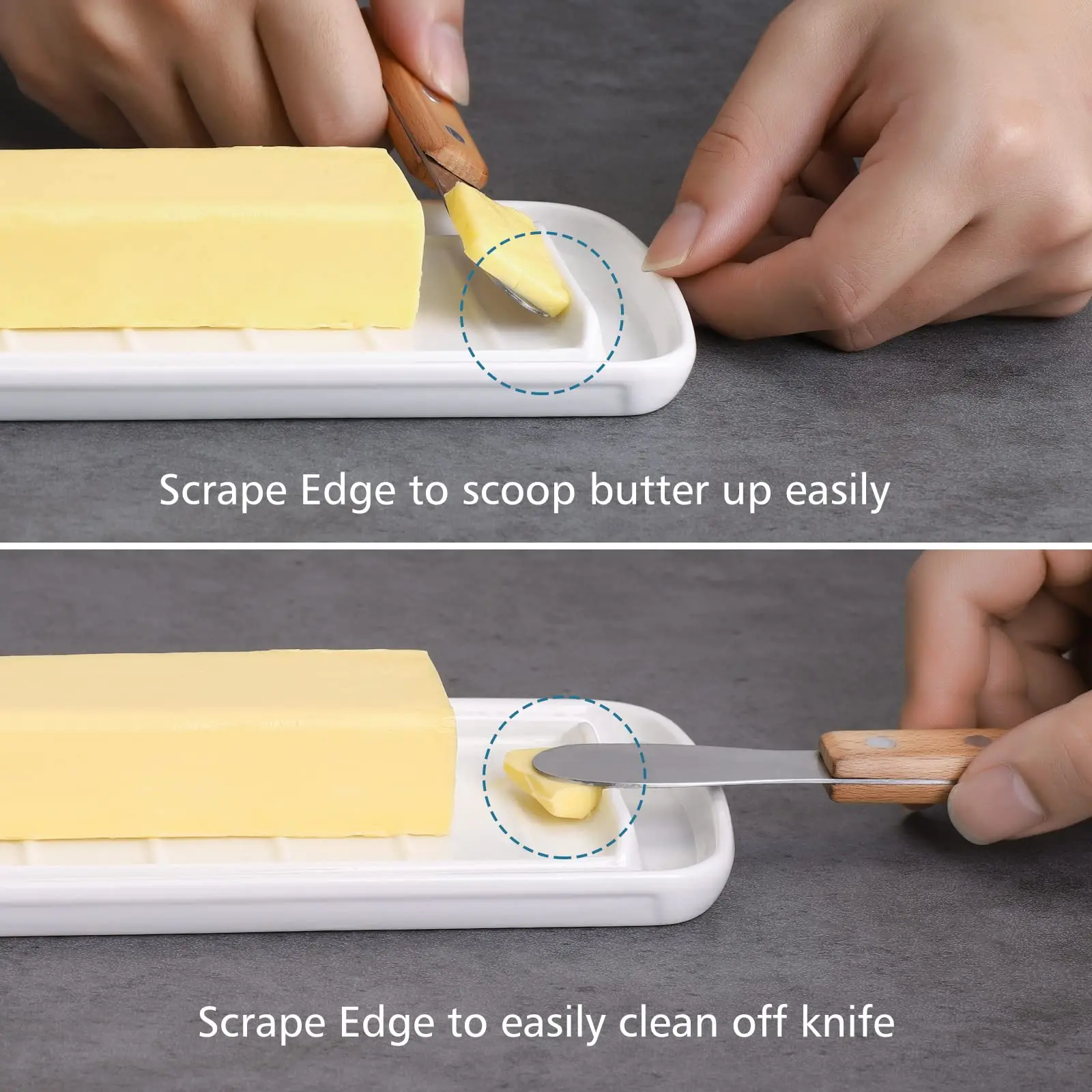 Nucookery White Porcelain Butter Dish with Clean Table Design Raised Non-Slip Ceramic Plate with Lid for Countertop Use details