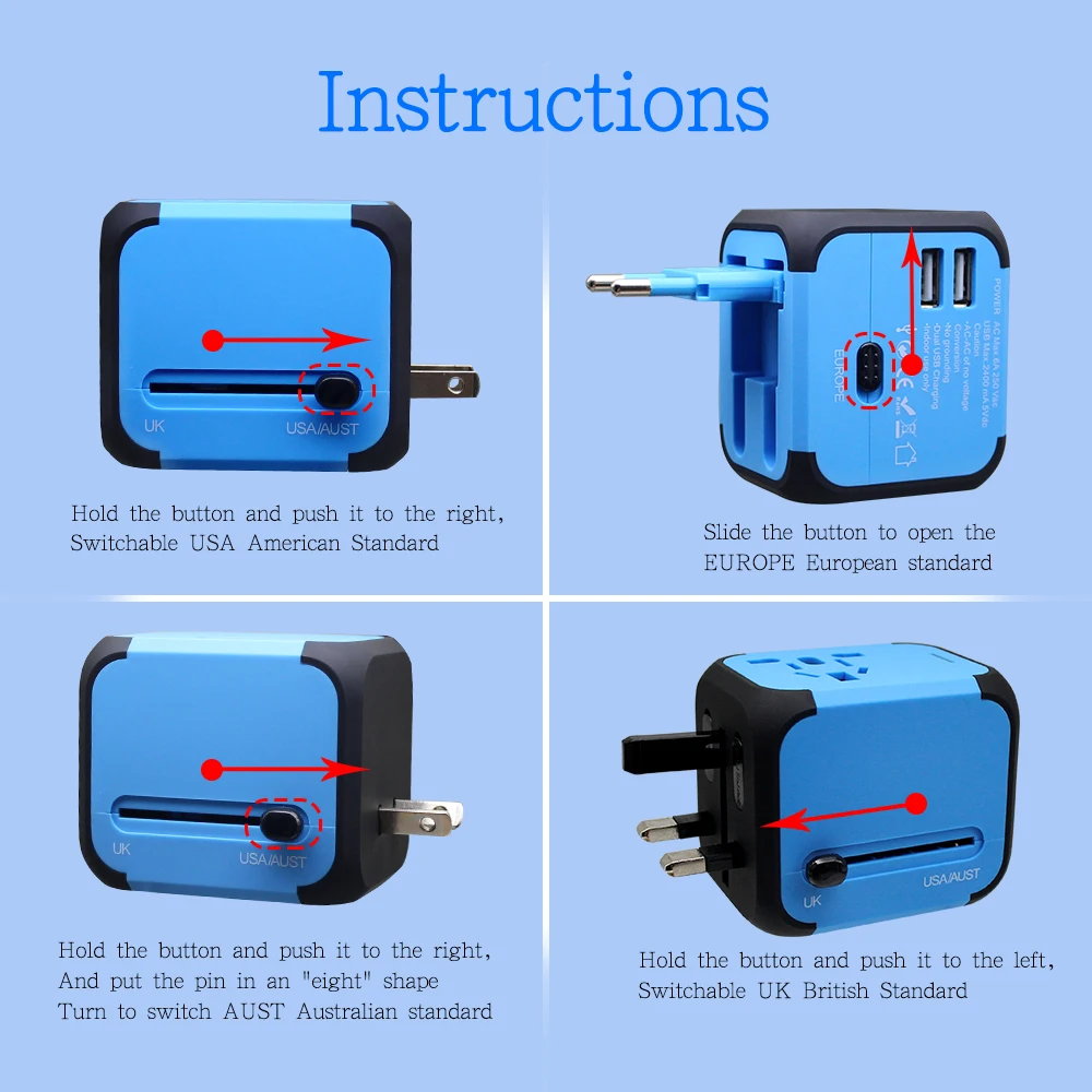 Universal Travel Adapter,Allinone International Power Adapter With 5v 2.4a Dual Usb,European
