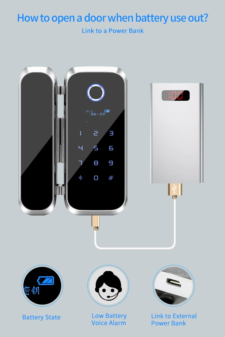 TTLock APP Glass door lock with Time attendance and remote control function