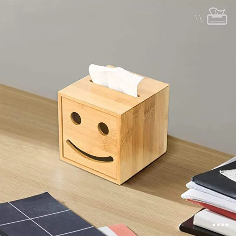 100 Bamboo Smiley Face Tissue Box Paper Roll Paper Storage Wooden Box