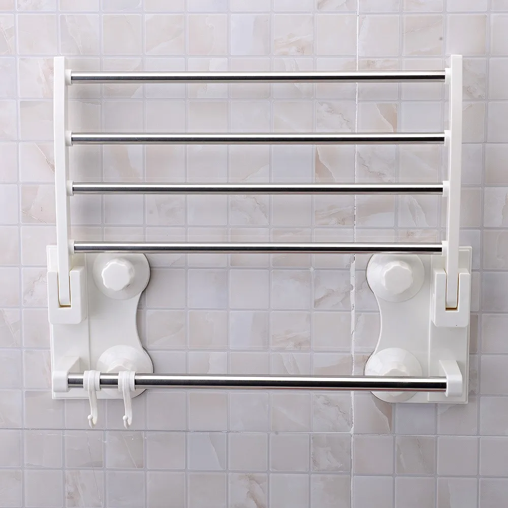 40CM Multi-function  Suction Cup Bathroom Shelf  Folded Towel Bar Holder with  Hooks Wall Mounted