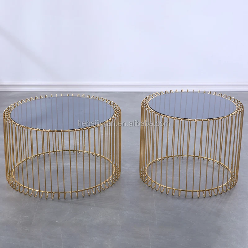 chinese modern round metal wired frame wood coffee table side