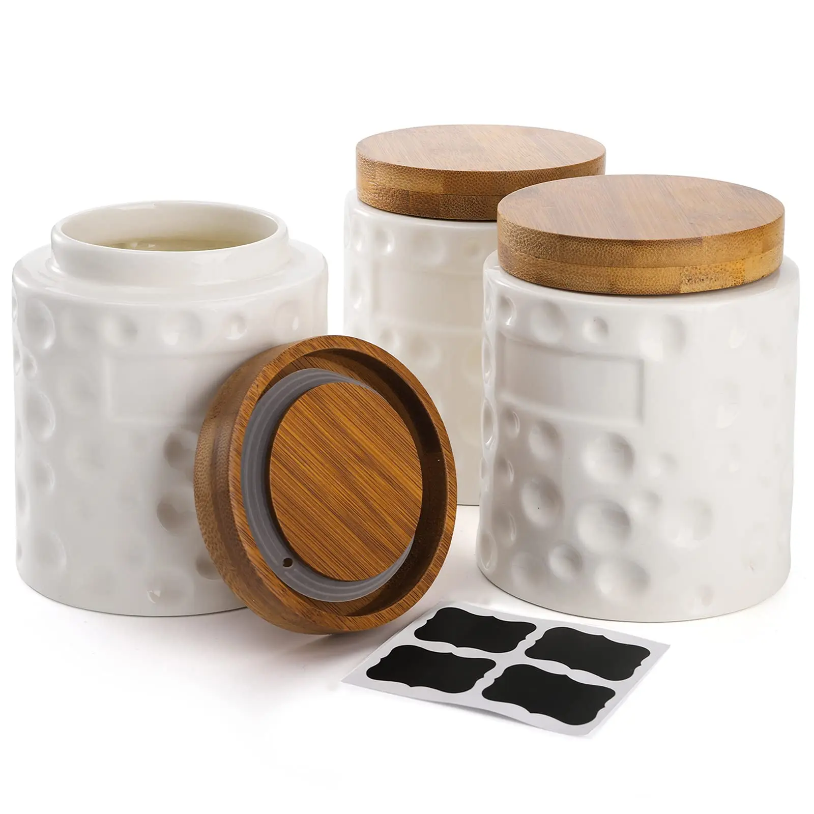 3 Pack Porcelain Food Storage Jars,Ceramic Cookie Small Canister With Bamboo Wood Lid and Label,Coffee Tea Sugar Containers manufacture
