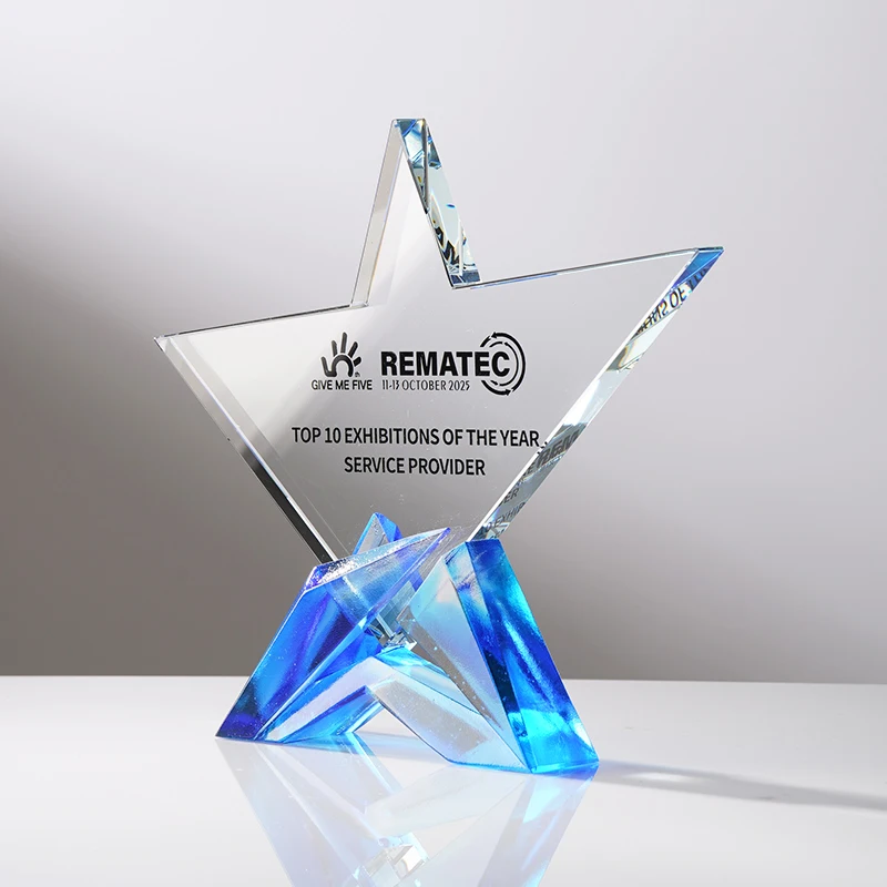 High-Grade Blue Star Crystal LiuLi Award Trophy UV Printed Souvenir Business Gift for Insurance Trade Show Giveaways-Wholesale details