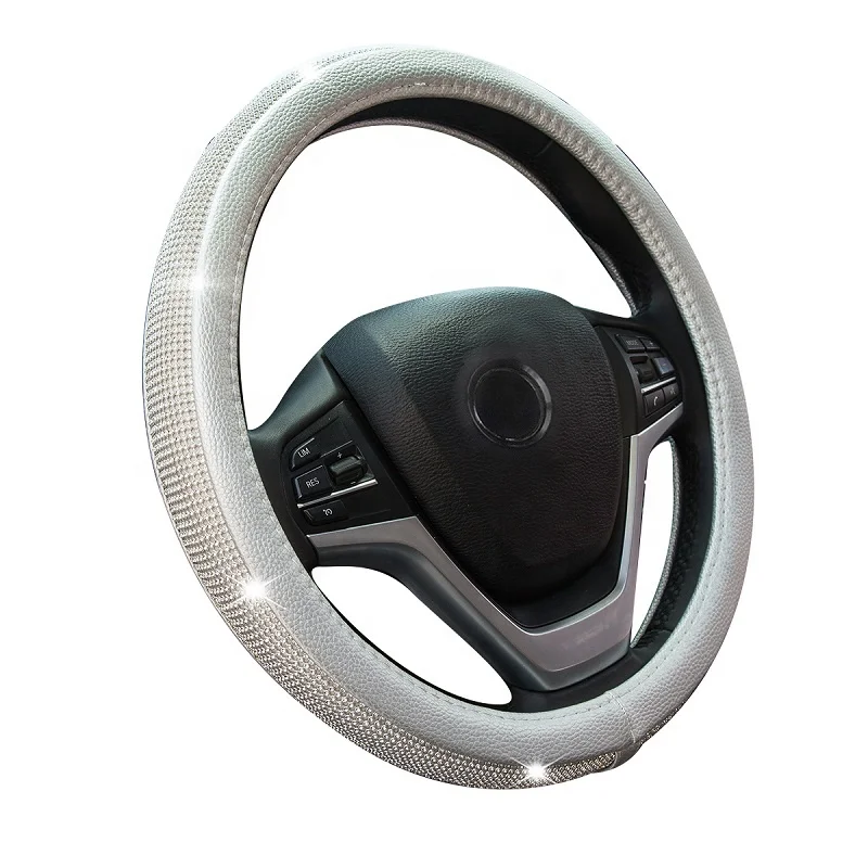 
Amazon hot sell Sliver Luxury crystal diamond car steering wheel cover PU leather cool bling four seasons universal rhinestone 