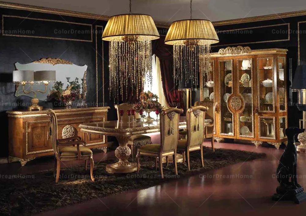 English Luxury Villa Long Dining Table Set With Golden Dining Table And