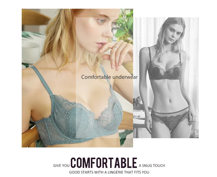 Women's Sexy Lace Thin Transparent Bra Set Large Size Wire-Free Support Adjusted Straps Breathable Solid Pattern Waist Thongs