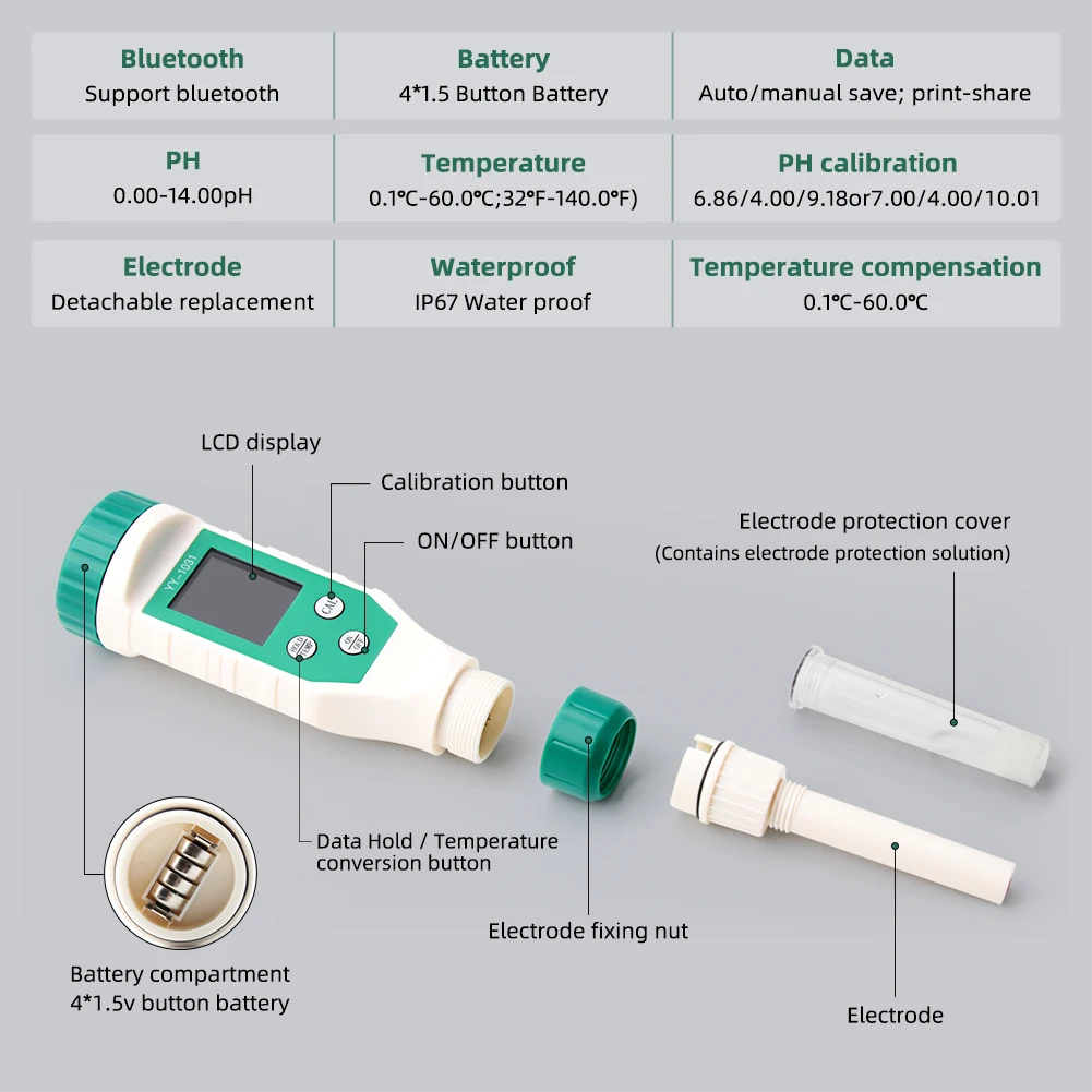 Backlit Lcd Display Bluetooth Ph Meter With Atc High Accuracy Ph Tester