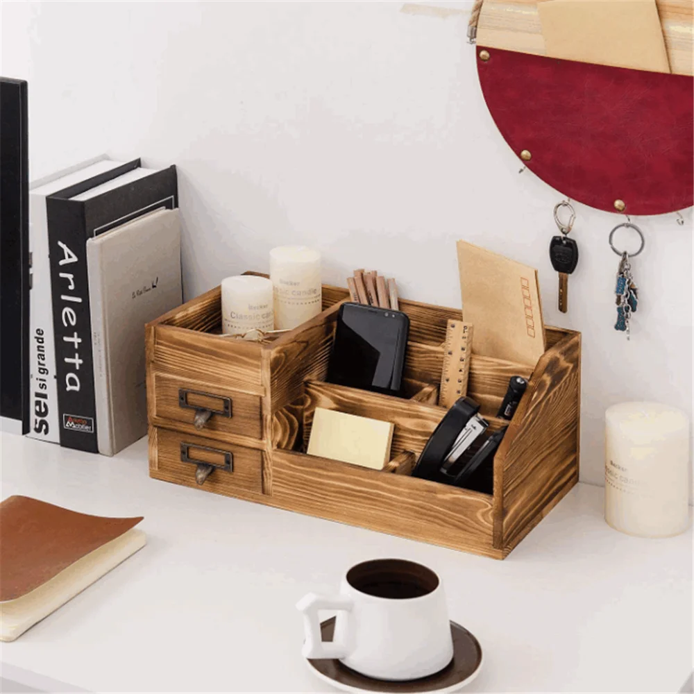 Country rustic style brown tabletop storage cabinet stepped rack best selling wood desktop organizer paper storage