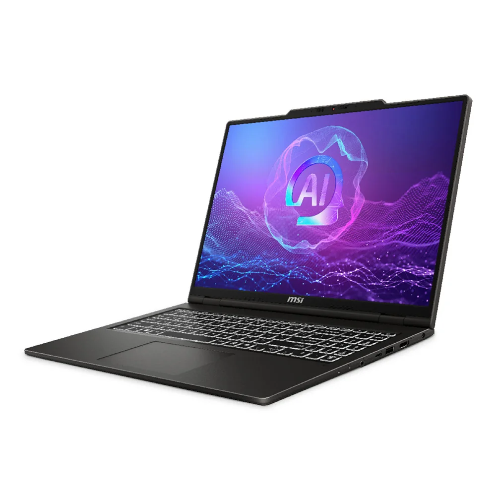 Side profile of MSI Prestige 16+ showing thin bezels and precision-machined aluminum chassis