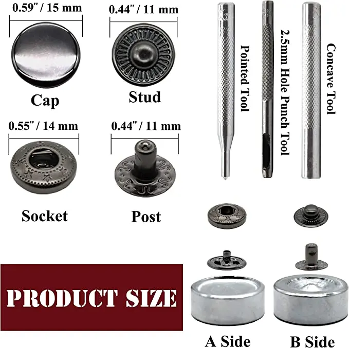12 Sets Leather Snap Fasteners Kits 15mm Metal Snap Buttons Kit Press