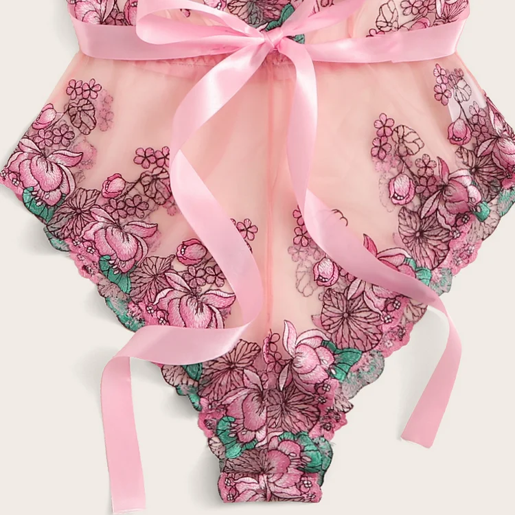 Womens Mesh Flower Embroidery Satin Bow Belt Bodysuit Sexy Underwear