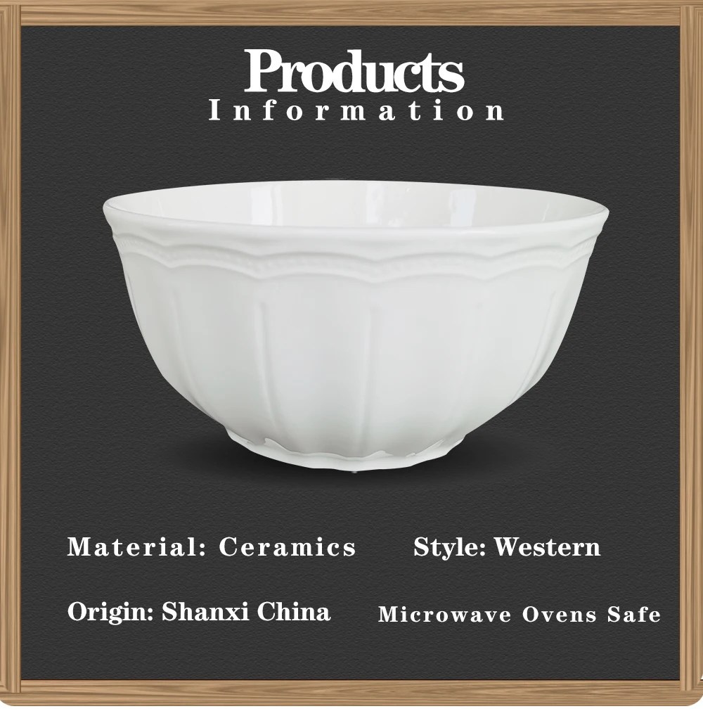 Wholesale White Embossed Porcelain Soup Salad Bowl Decorative 6 Inch Large Engraved Ceramic Bowl