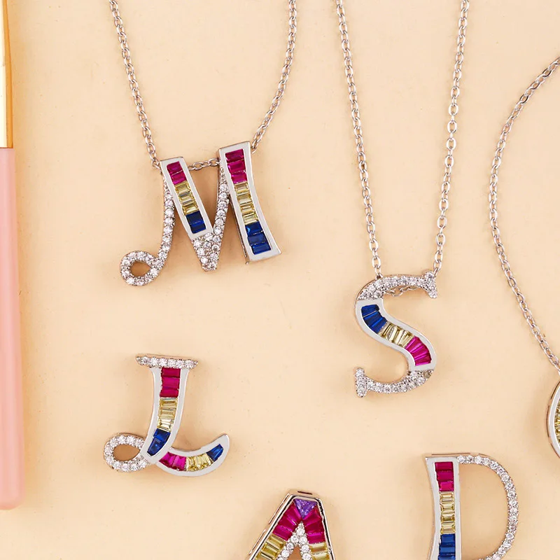 Fashion Letter Jewelry Gold Plated Initial Necklace Colorful Zircon Necklace